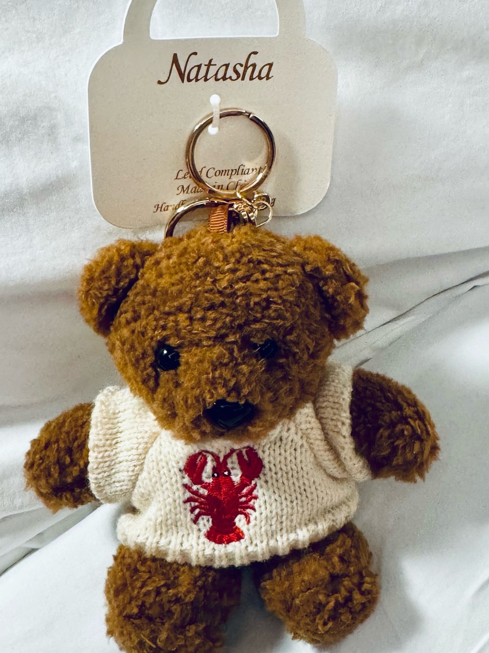 Natasha Couture Plush Brown Teddy Bear Keychain with Cream Sweater
